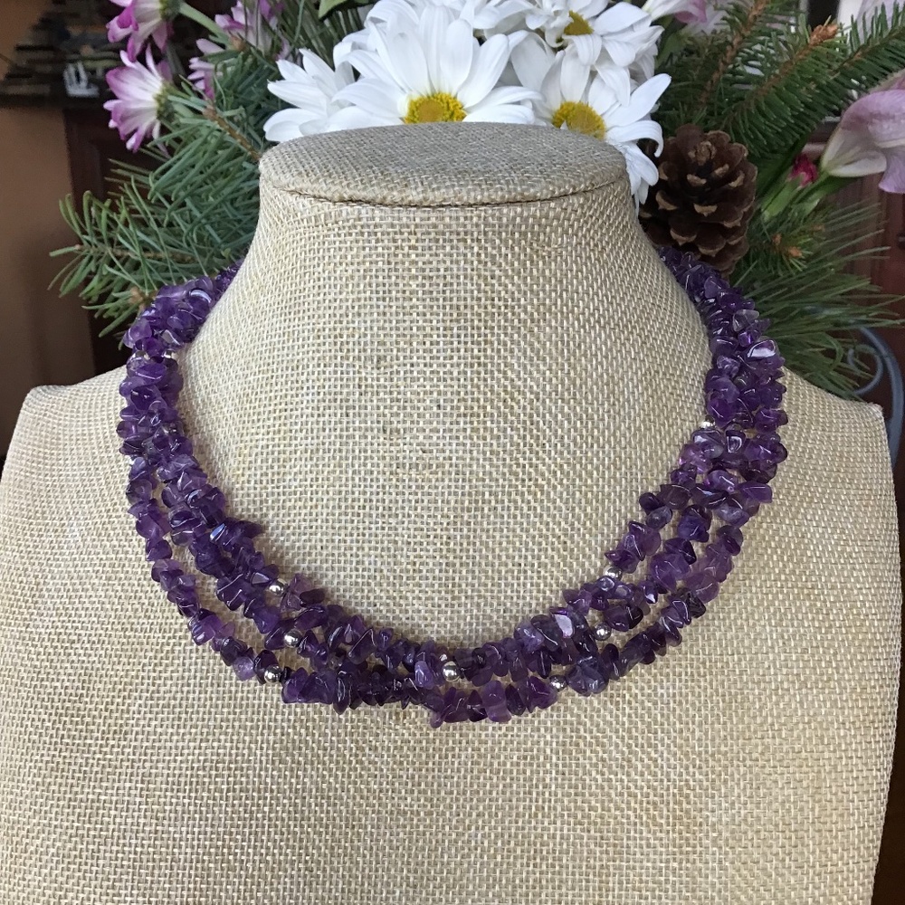 3 LINE MULTI STRAND UNTREATED NATURAL REAL AMETHYST GEMSTONE BEADS NECKLACE NEW